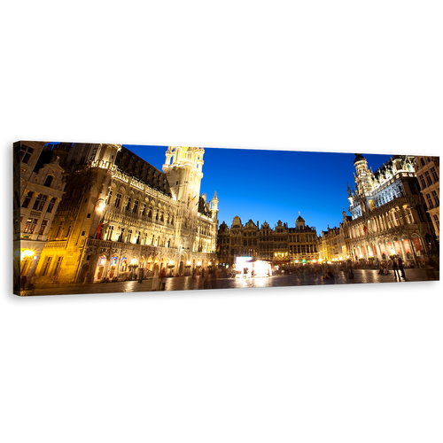 Grand Place Canvas Wall Art, Blue Sky Brussels City Skyline 1 Piece Canvas, Yellow Grote Markt Brussels Belgium Canvas Print