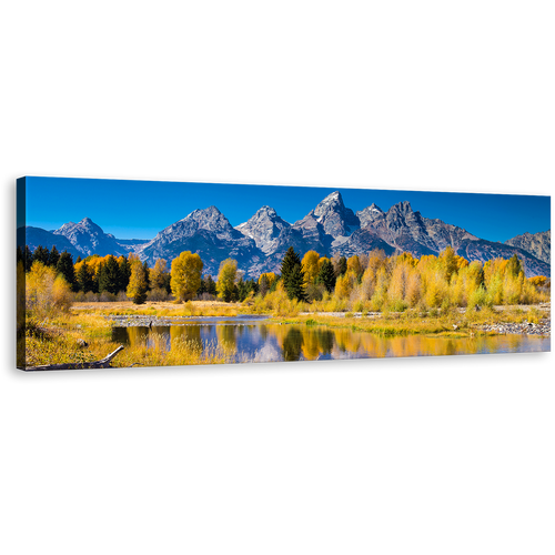 Grand Teton Canvas Print, Golden Aspen Trees Canvas Art, Yellow Wyoming National Park Ocean Mountains Panoramic Wall Art