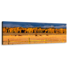 Load image into Gallery viewer, Grand Tetons Canvas Wall Art, Orange Autumn Foliage Panoramic Canvas, Blue Cloudy Sky Canvas Print, Beautiful Trees Horses Landscape Canvas Artwork
