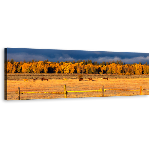 Grand Tetons Canvas Wall Art, Orange Autumn Foliage Panoramic Canvas, Blue Cloudy Sky Canvas Print, Beautiful Trees Horses Landscape Canvas Artwork