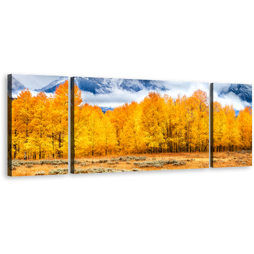 Grand Tetons Wall Art, White Clouds Covered Mountain Canvas Set, Orange Autumn Trees Landscape 3 Piece Canvas Print