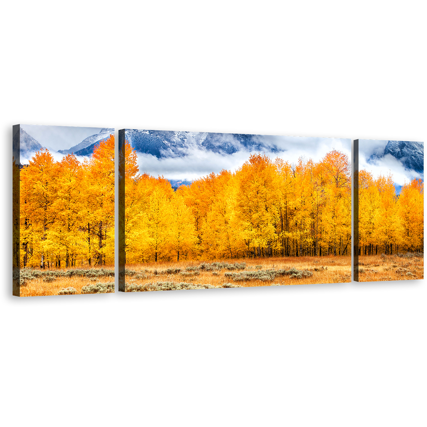 Grand Tetons Wall Art, White Clouds Covered Mountain Canvas Set, Orange Autumn Trees Landscape 3 Piece Canvas Print