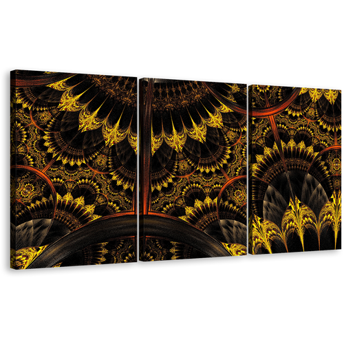 Graphic Abstract Canvas Wall Art, Black Abstract Fractal Digital Artwork Canvas Print, Yellow Abstract Fractal Flower 3 Piece Canvas