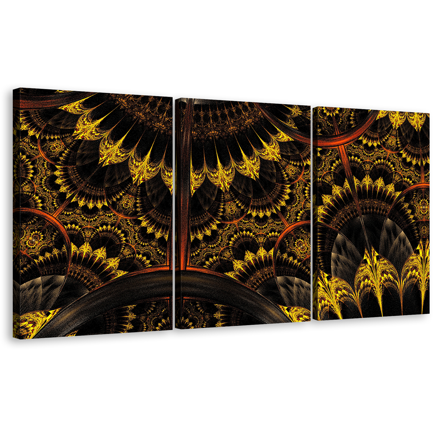 Graphic Abstract Canvas Wall Art, Black Abstract Fractal Digital Artwork Canvas Print, Yellow Abstract Fractal Flower 3 Piece Canvas