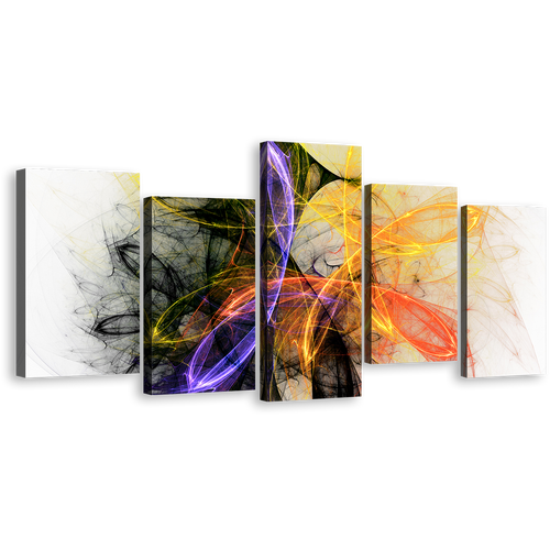 Graphic Lines Canvas Wall Art, Colorful Abstract Fractal Lights 5 Piece Canvas, Modern Abstract Canvas Print