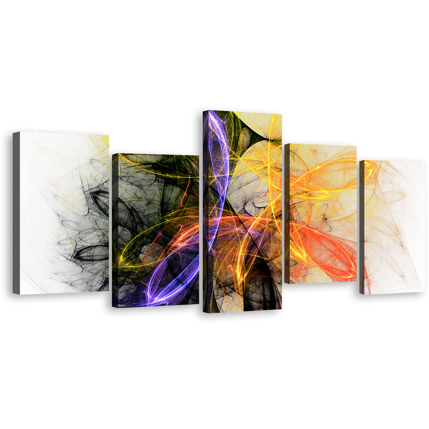 Graphic Lines Canvas Wall Art, Colorful Abstract Fractal Lights 5 Piece Canvas, Modern Abstract Canvas Print