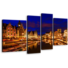 Load image into Gallery viewer, Graslei Belgium Wall Art, Gold Ghent City Canvas Set, Blue Sky Harbors Canal 4 Piece Canvas Print
