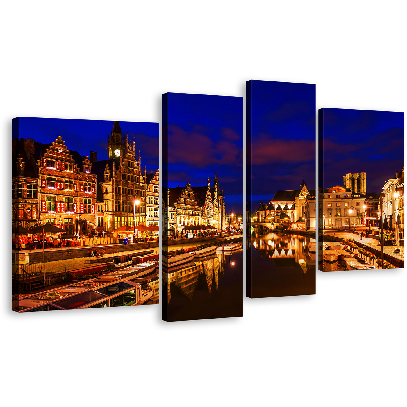 Graslei Belgium Wall Art, Gold Ghent City Canvas Set, Blue Sky Harbors Canal 4 Piece Canvas Print