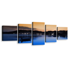 Load image into Gallery viewer, Greece City Canvas Print, Blue City Beach Ocean Mountains 5 Piece Multi Canvas, Milos Island Orange Sunset Sky Canvas Wall Art
