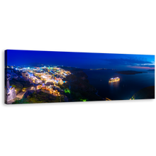 Load image into Gallery viewer, Greece Cityscape Canvas Wall Art, Yellow Santorini Island City Lights 1 Piece Canvas Print, Dramatic Blue Clouds Night Seascape Canvas Artwork
