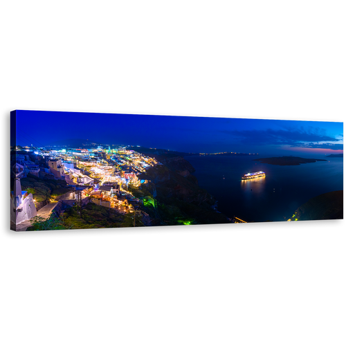 Greece Cityscape Canvas Wall Art, Yellow Santorini Island City Lights 1 Piece Canvas Print, Dramatic Blue Clouds Night Seascape Canvas Artwork