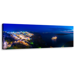 Greece Cityscape Canvas Wall Art, Yellow Santorini Island City Lights 1 Piece Canvas Print, Dramatic Blue Clouds Night Seascape Canvas Artwork