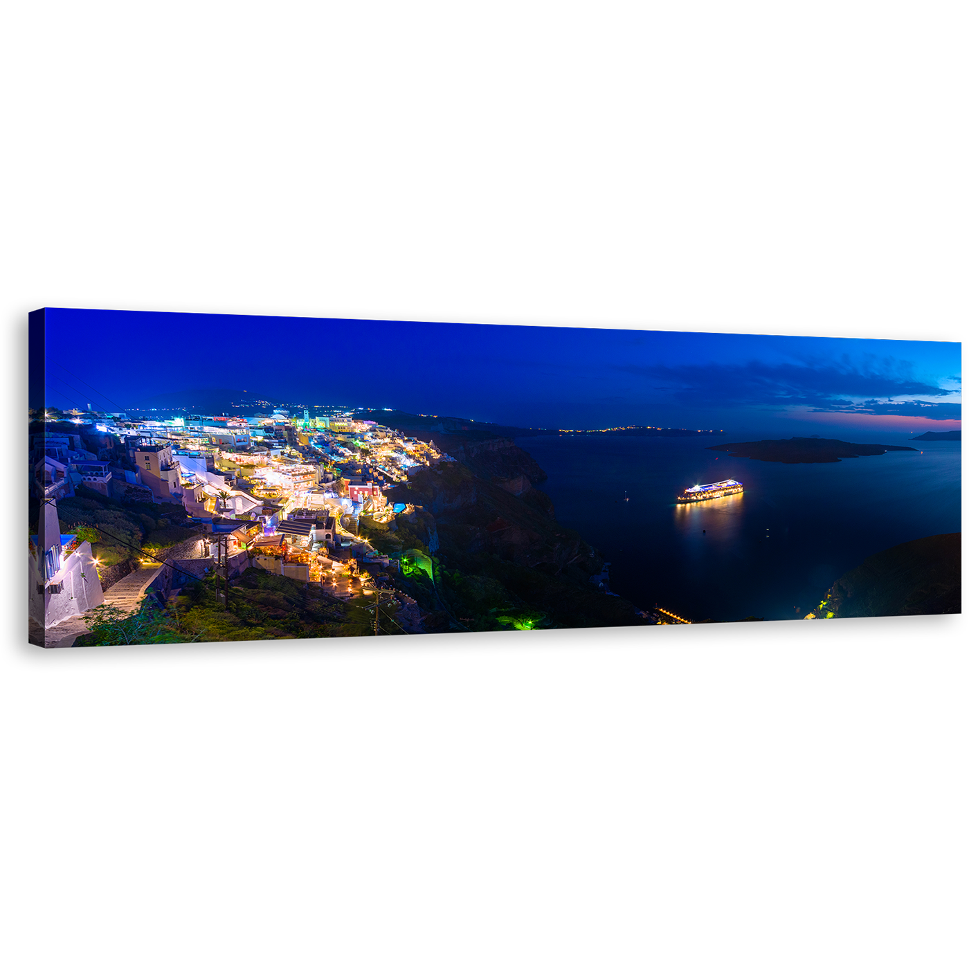 Greece Cityscape Canvas Wall Art, Yellow Santorini Island City Lights 1 Piece Canvas Print, Dramatic Blue Clouds Night Seascape Canvas Artwork