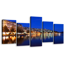 Load image into Gallery viewer, Greece Cityscape Wall Art, Yellow Kostoria City Reflection Multi Canvas, Blue Sky Seascape 5 Piece Canvas Print
