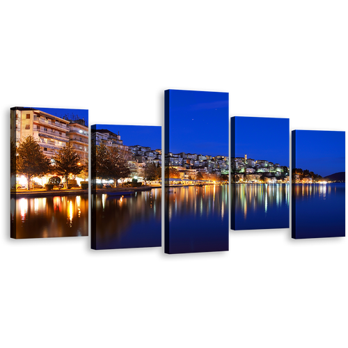 Greece Cityscape Wall Art, Yellow Kostoria City Reflection Multi Canvas, Blue Sky Seascape 5 Piece Canvas Print