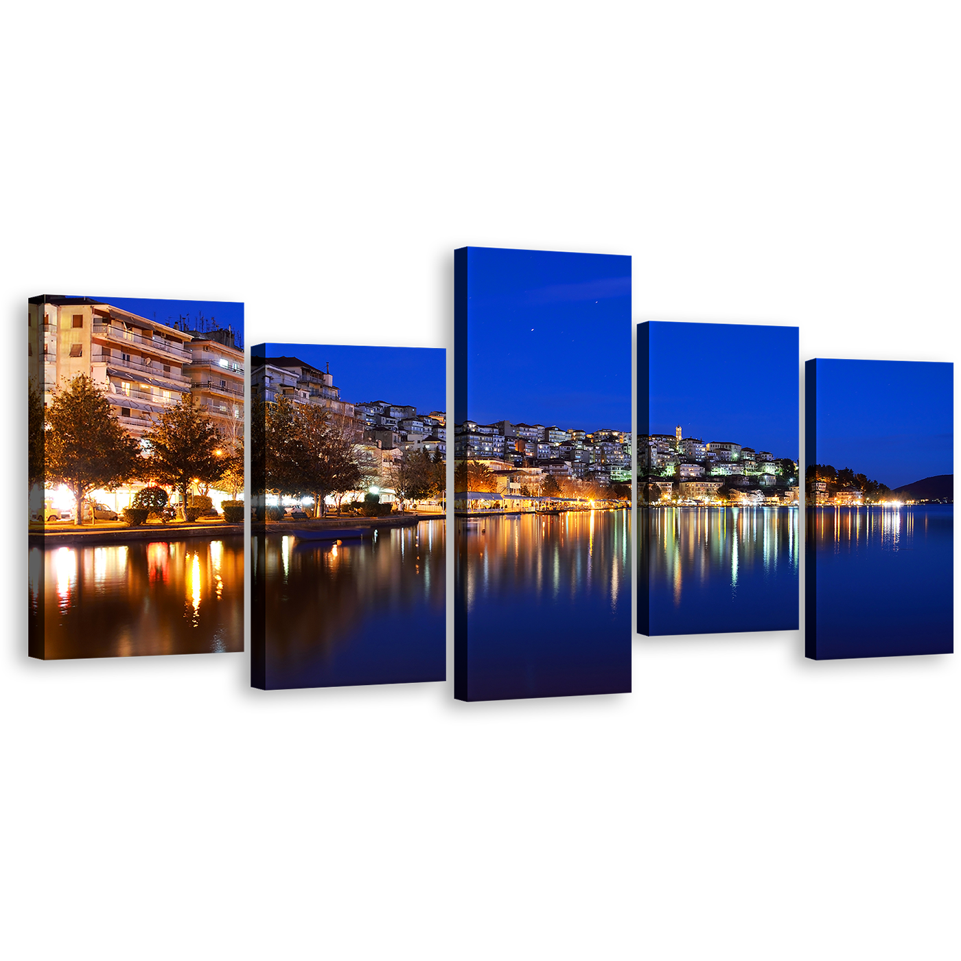 Greece Cityscape Wall Art, Yellow Kostoria City Reflection Multi Canvas, Blue Sky Seascape 5 Piece Canvas Print