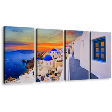 Load image into Gallery viewer, Greece Houses Canvas Print, Blue Santorini Island Aegean Sea 4 Piece Wall Art, Orange Oia Village Sunset Sky Multiple Canvas
