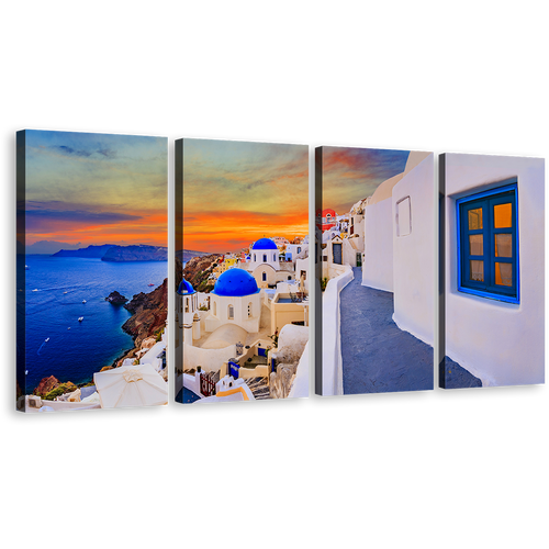 Greece Houses Canvas Print, Blue Santorini Island Aegean Sea 4 Piece Wall Art, Orange Oia Village Sunset Sky Multiple Canvas