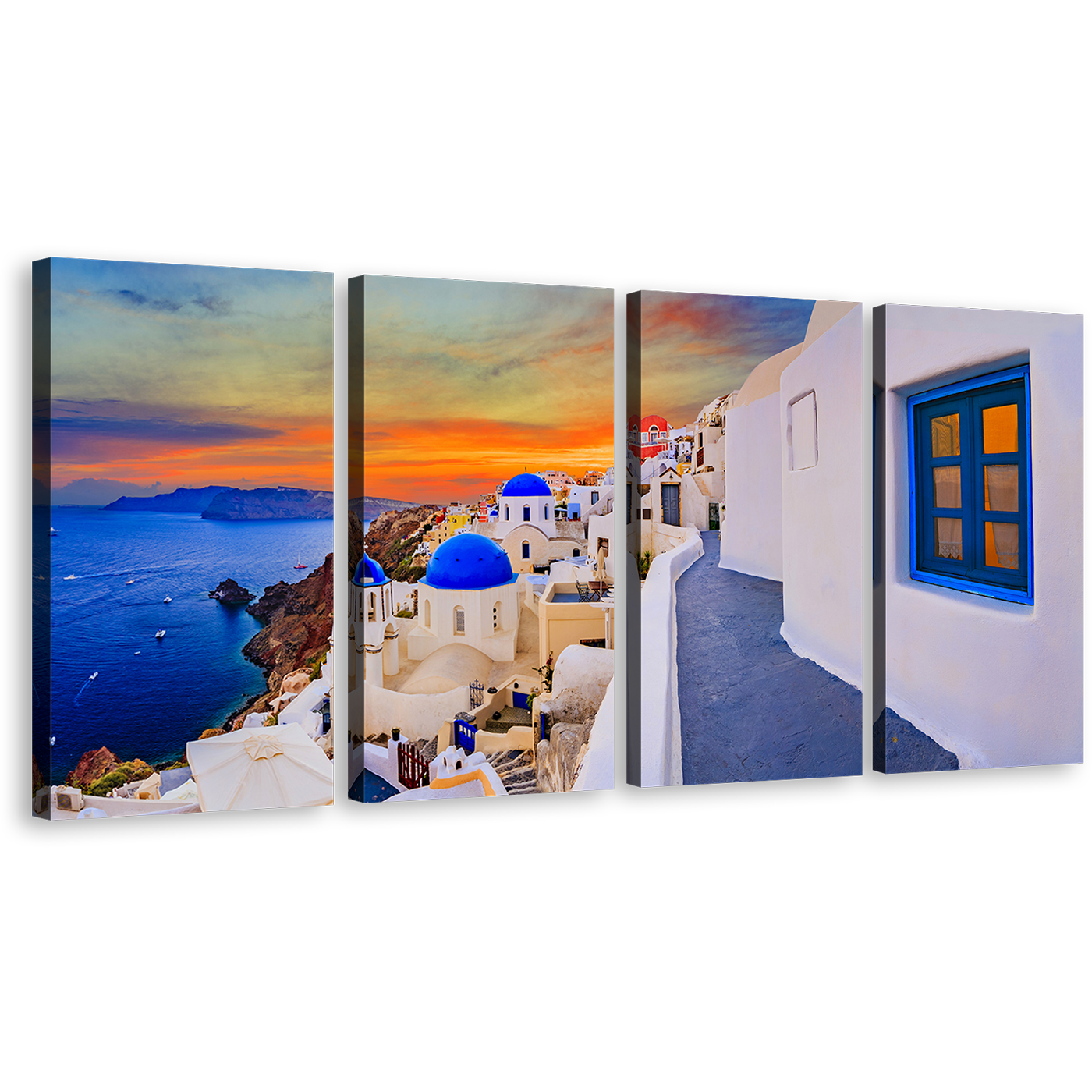 Greece Houses Canvas Print, Blue Santorini Island Aegean Sea 4 Piece Wall Art, Orange Oia Village Sunset Sky Multiple Canvas