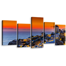 Load image into Gallery viewer, Greece Houses Canvas Print, Greece Oia Orange Sky Canvas Set, Blue Santorini Island City Sea 5 Piece Canvas Wall Art
