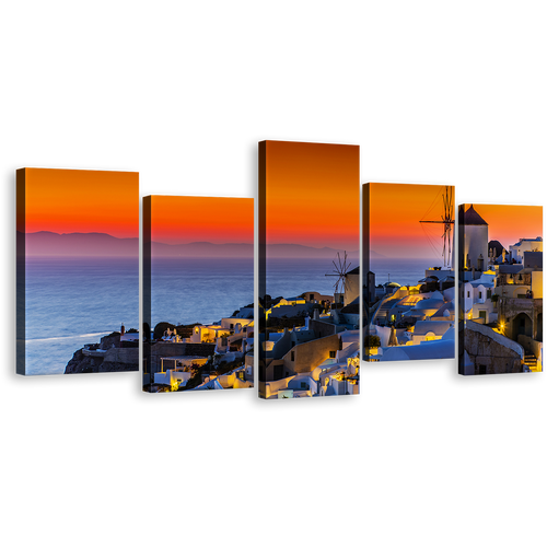 Greece Houses Canvas Print, Greece Oia Orange Sky Canvas Set, Blue Santorini Island City Sea 5 Piece Canvas Wall Art