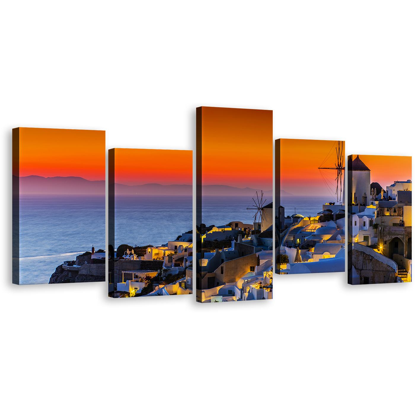 Greece Houses Canvas Print, Greece Oia Orange Sky Canvas Set, Blue Santorini Island City Sea 5 Piece Canvas Wall Art