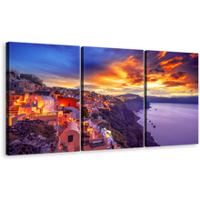 Load image into Gallery viewer, Greece Houses Canvas Print, Purple Santorini Island Sea 3 Piece Multiple Canvas, Yellow La Greece Sunset Sky Wall Art
