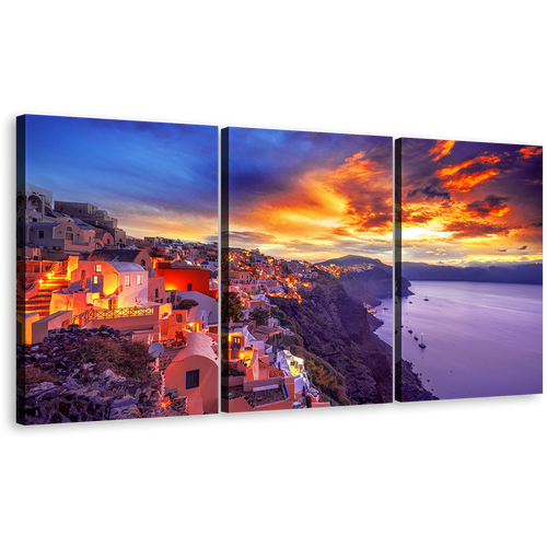 Greece Houses Canvas Print, Purple Santorini Island Sea 3 Piece Multiple Canvas, Yellow La Greece Sunset Sky Wall Art