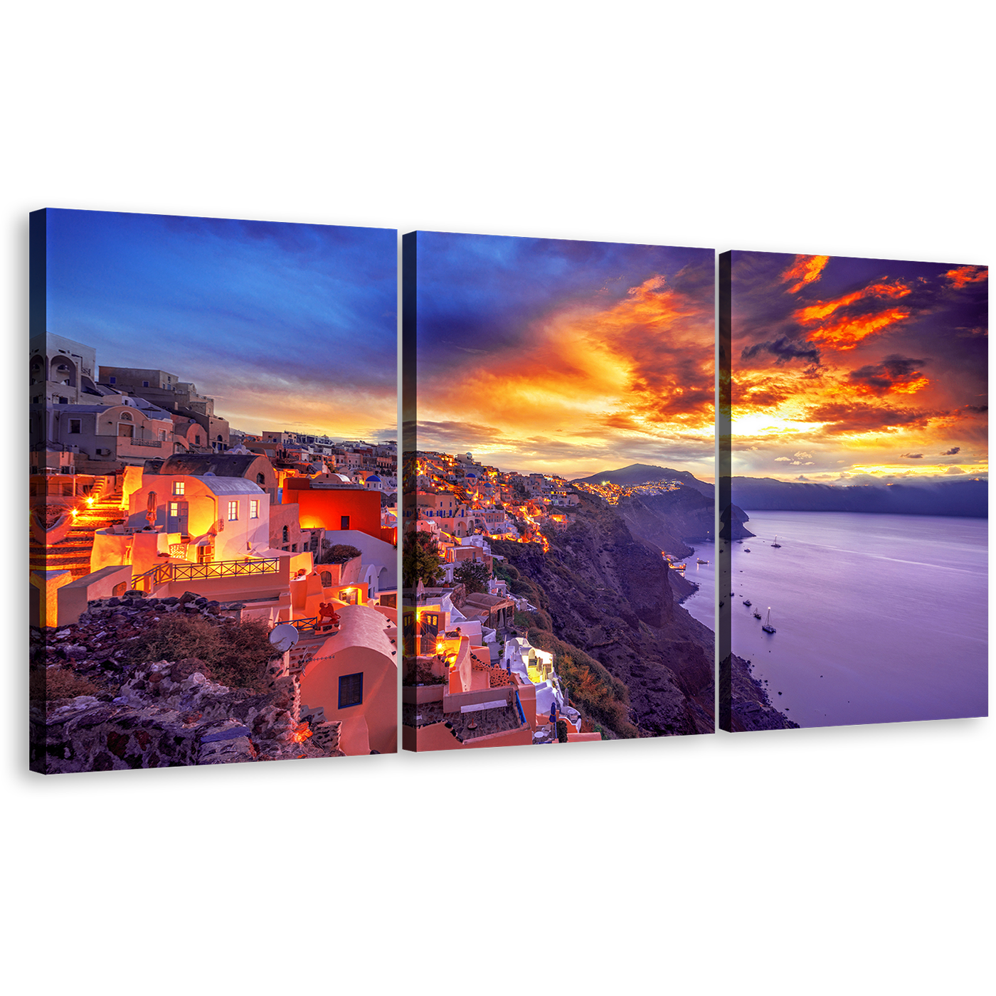 Greece Houses Canvas Print, Purple Santorini Island Sea 3 Piece Multiple Canvas, Yellow La Greece Sunset Sky Wall Art