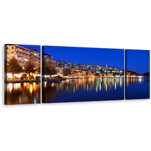 Load image into Gallery viewer, Greece Houses Wall Art, Blue Sky Cityscape 3 Piece Canvas Multi-panel Print, Yellow Kostoria City Reflection Sea Canvas Set
