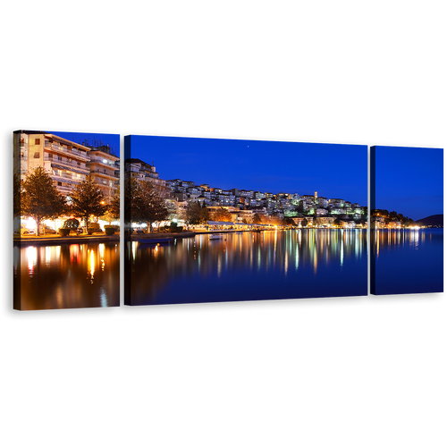 Greece Houses Wall Art, Blue Sky Cityscape 3 Piece Canvas Multi-panel Print, Yellow Kostoria City Reflection Sea Canvas Set