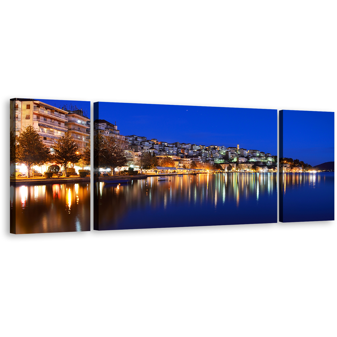 Greece Houses Wall Art, Blue Sky Cityscape 3 Piece Canvas Multi-panel Print, Yellow Kostoria City Reflection Sea Canvas Set