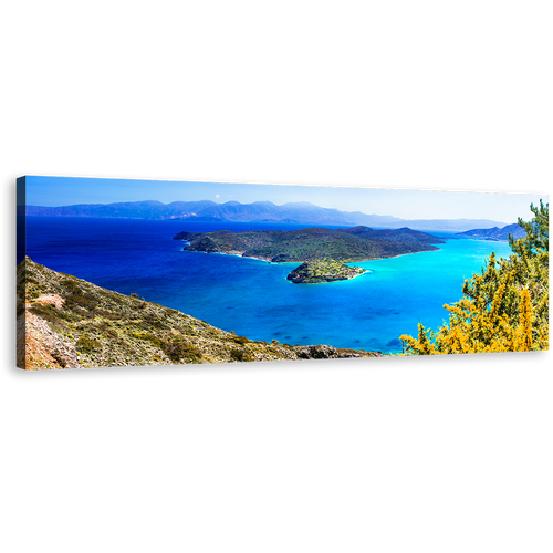 Greece Island Canvas Wall Art, Green Spinalonga Island 1 Piece Canvas Artwork, Crete Blue Ocean Canvas Print