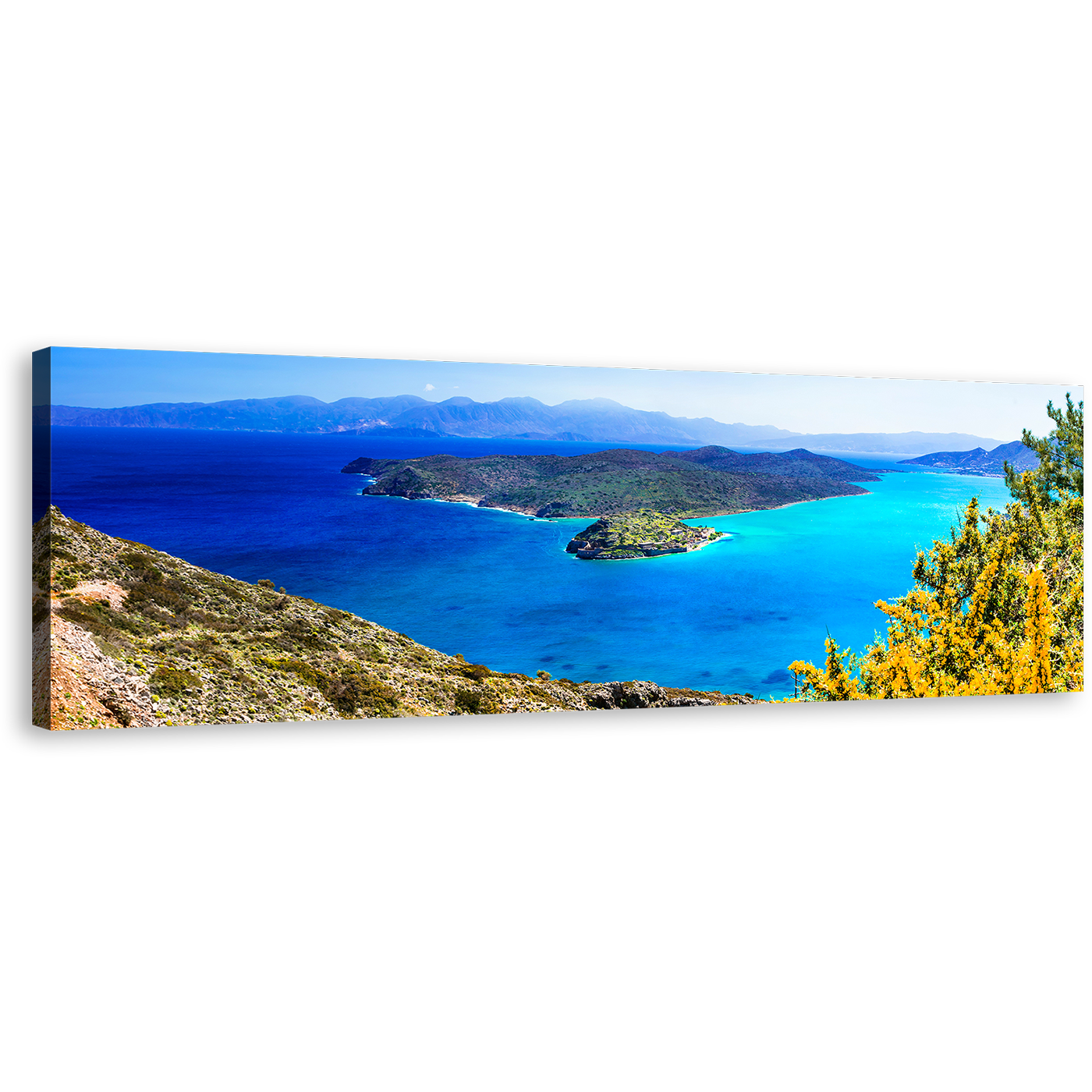 Greece Island Canvas Wall Art, Green Spinalonga Island 1 Piece Canvas Artwork, Crete Blue Ocean Canvas Print