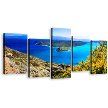 Load image into Gallery viewer, Greece Ocean Canvas Print, Green Island Spinalonga Multi Canvas Artwork, Crete Blue Ocean Sea 5 Piece Canvas Wall Art
