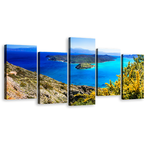 Greece Ocean Canvas Print, Green Island Spinalonga Multi Canvas Artwork, Crete Blue Ocean Sea 5 Piece Canvas Wall Art