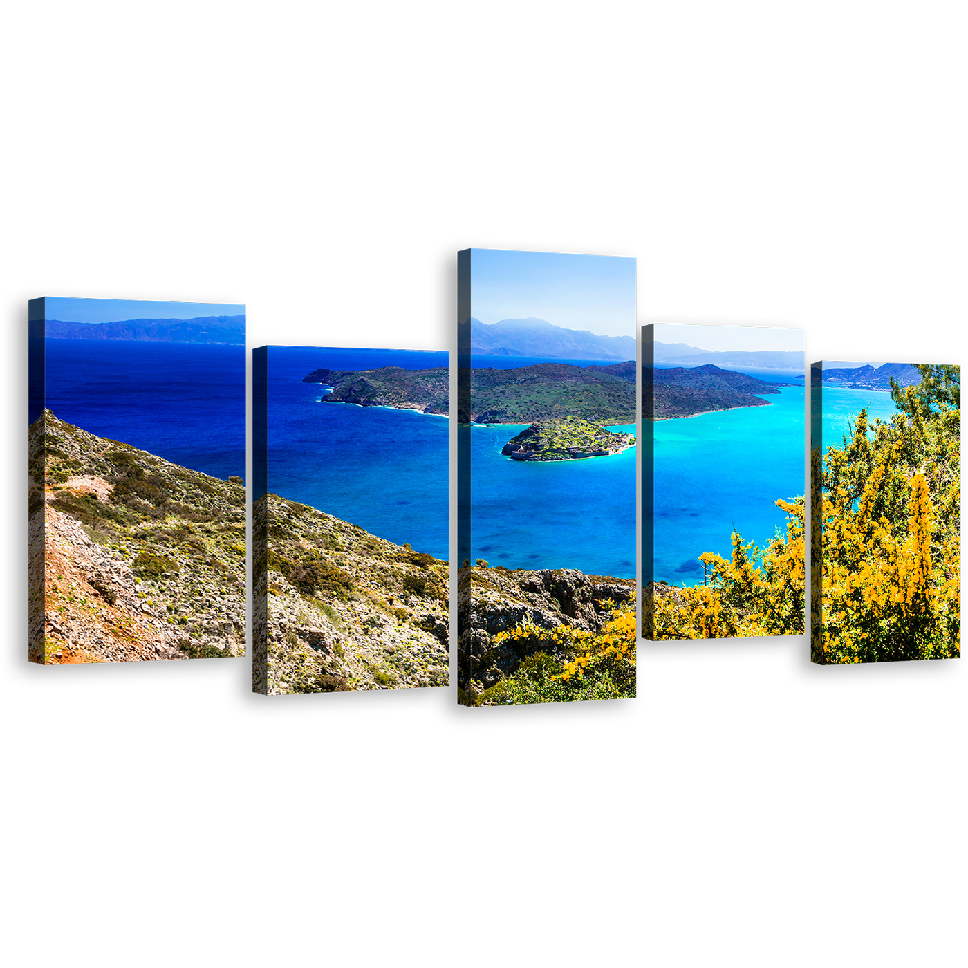 Greece Ocean Canvas Print, Green Island Spinalonga Multi Canvas Artwork, Crete Blue Ocean Sea 5 Piece Canvas Wall Art