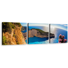 Load image into Gallery viewer, Greece Ocean Wall Art, Navagio Ocean Green Mountain Cliff 3 Piece Canvas Print, Blue Navagio Beach Sunrise Canvas Set
