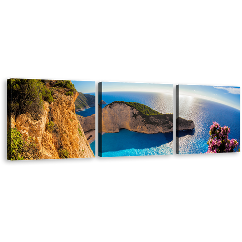 Greece Ocean Wall Art, Navagio Ocean Green Mountain Cliff 3 Piece Canvas Print, Blue Navagio Beach Sunrise Canvas Set