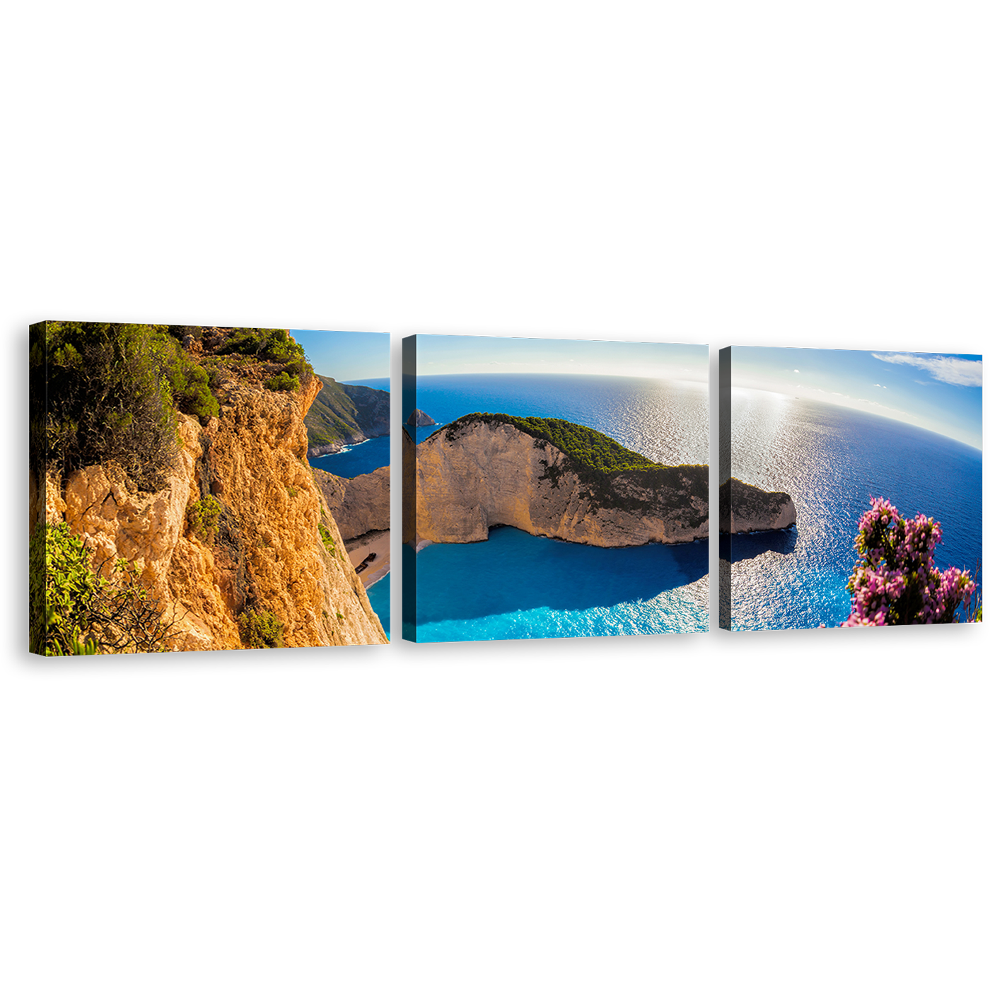 Greece Ocean Wall Art, Navagio Ocean Green Mountain Cliff 3 Piece Canvas Print, Blue Navagio Beach Sunrise Canvas Set