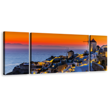 Load image into Gallery viewer, Greece Oia Canvas Wall Art, Blue Santorini Island City 3 Piece Canvas Print, Greece Orange Sky Sea Triptych Canvas Set
