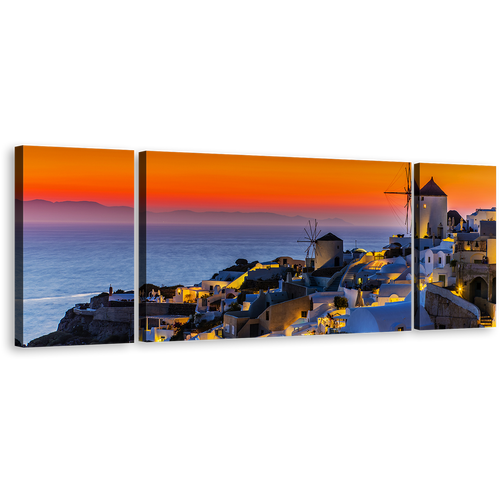 Greece Oia Canvas Wall Art, Blue Santorini Island City 3 Piece Canvas Print, Greece Orange Sky Sea Triptych Canvas Set