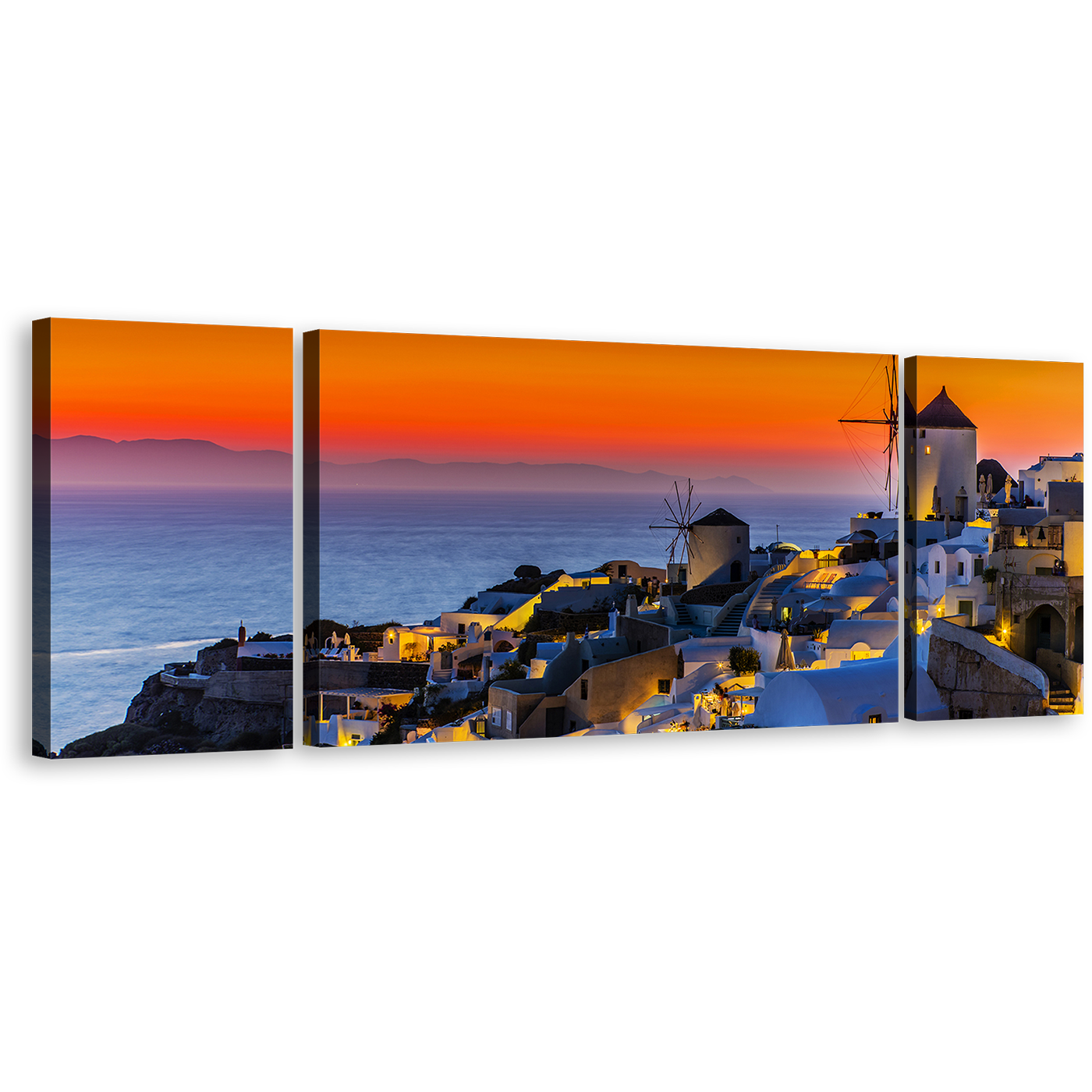 Greece Oia Canvas Wall Art, Blue Santorini Island City 3 Piece Canvas Print, Greece Orange Sky Sea Triptych Canvas Set