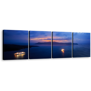 Greece Sailboats Canvas Print, Greece Blue Ocean Harbor Canals Wall Art, Santorini Yellow Sunset Sky 4 Piece Multi Canvas