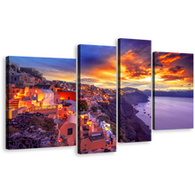 Load image into Gallery viewer, Greece Sea Canvas Print, Greece Houses At Yellow Sunset Dawn Canvas Set, Purple Santorini Island 4 Piece Wall Art
