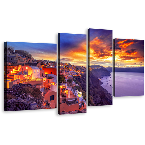 Greece Sea Canvas Print, Greece Houses At Yellow Sunset Dawn Canvas Set, Purple Santorini Island 4 Piece Wall Art