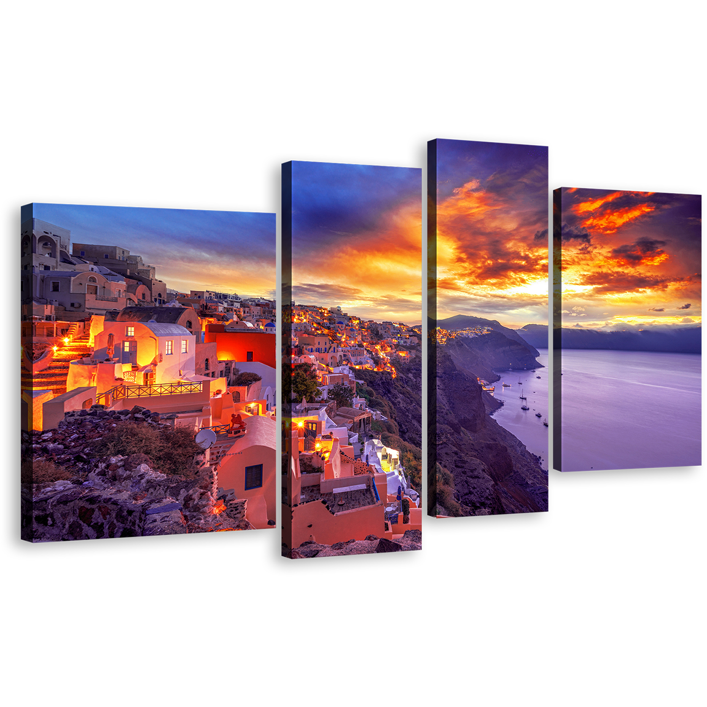 Greece Sea Canvas Print, Greece Houses At Yellow Sunset Dawn Canvas Set, Purple Santorini Island 4 Piece Wall Art