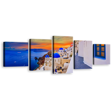 Load image into Gallery viewer, Greece Sea Canvas Print, Santorini Island Blue White Houses 5 Piece Canvas Multi-panel Print, Oia Dramatic Orange Cloudy Sky Canvas Set
