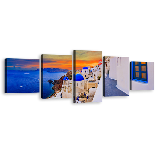 Greece Sea Canvas Print, Santorini Island Blue White Houses 5 Piece Canvas Multi-panel Print, Oia Dramatic Orange Cloudy Sky Canvas Set