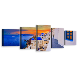 Greece Sea Canvas Print, Santorini Island Blue White Houses 5 Piece Canvas Multi-panel Print, Oia Dramatic Orange Cloudy Sky Canvas Set